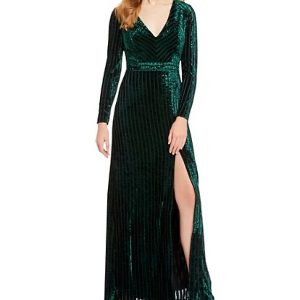Badgley Mischka Emerald Green Velvet Maxi Dress with Thigh Slit